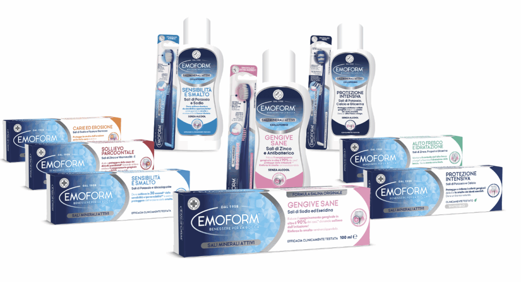 EMOFORM oral care product line: toothpastes, mouthwashes, and toothbrushes for sensitive gums, intensive protection, fresh breath, cavities and enamel erosion